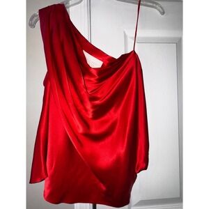 Michelle Mason Red One Shoulder Ruched Satin Party‎ Cocktail Top 8